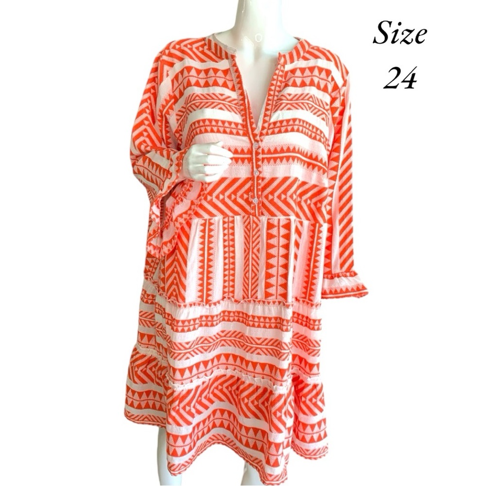 SIMPLY BE ORANGE WHITE GEO STRIPED JACQUARD COTTON MINI TUNIC DRESS WOMEN SZ 24